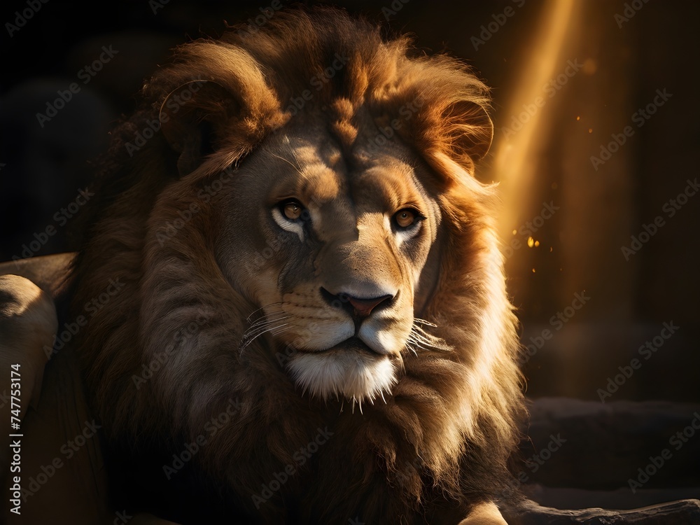 Naklejka premium A majestic lion's golden mane caught in a beam of light, contrasting dramatically with the surrounding darkness Generative AI