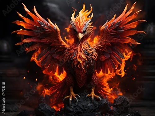 A fiery orange and red phoenix rising from ashes, its flames more vivid against the dark backdrop Generative AI