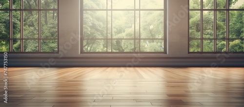 A room with a large window dominating one wall  allowing ample natural light to filter in. The wooden floor complements the window  adding warmth and texture to the space.