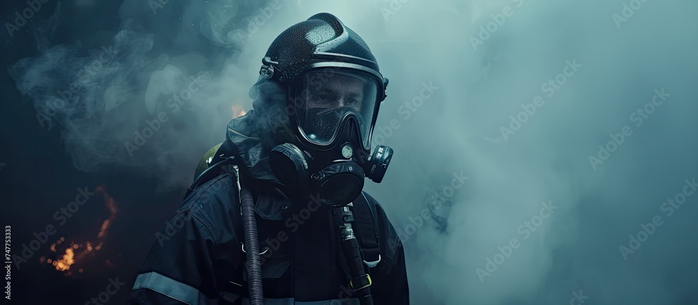 A firefighter, wearing a gas mask and uniform, stands in front of a raging fire, poised to battle the flames with fire hoses. The intense heat and smoke create a dangerous environment for the A firefighter, wearing a gas mask and uniform, stands in front of a raging fire, poised to battle the flames with fire hoses. The intense heat and smoke create a dangerous environment for the