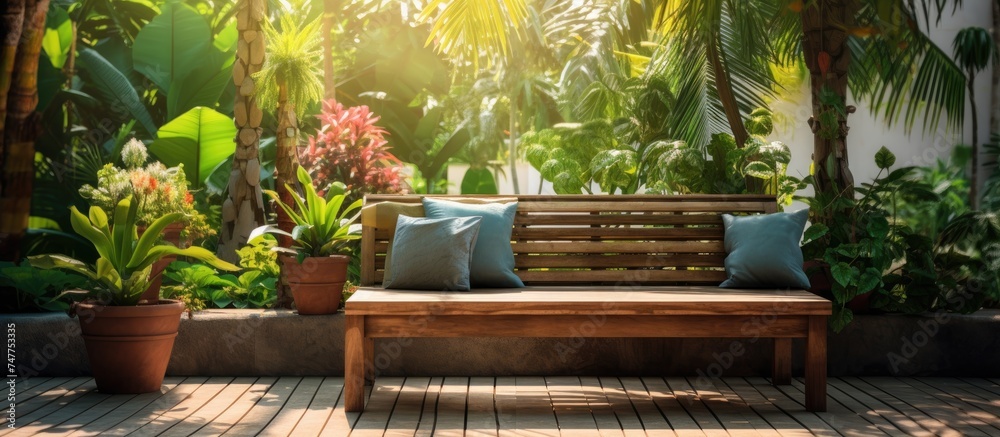 A simple wooden bench resting on top of a wooden deck, creating a practical and inviting seating area in a relaxing terrace space.