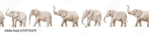 Seamless repeat border with watercolor realistic elephants isolated