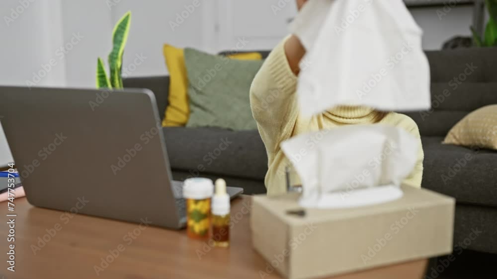 A young woman sneezes while working on a laptop at home with cold medicine and a box of tissues nearby, reflecting a common sick day scenario.