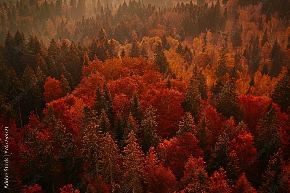 temperate deciduous forest, Autumn forest orange red ancient forest and pine carpet oak beech maple tree willow mysterious colorful leaves trees nature changing seasons landscape Top view background - obrazy, fototapety, plakaty 