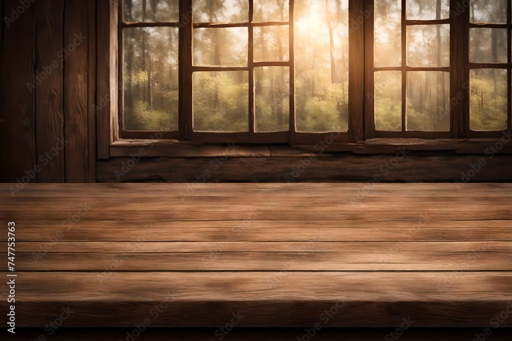 Brown aged wooden tabletop with blurred window for product display Brown aged wooden tabletop with blurred window for product display