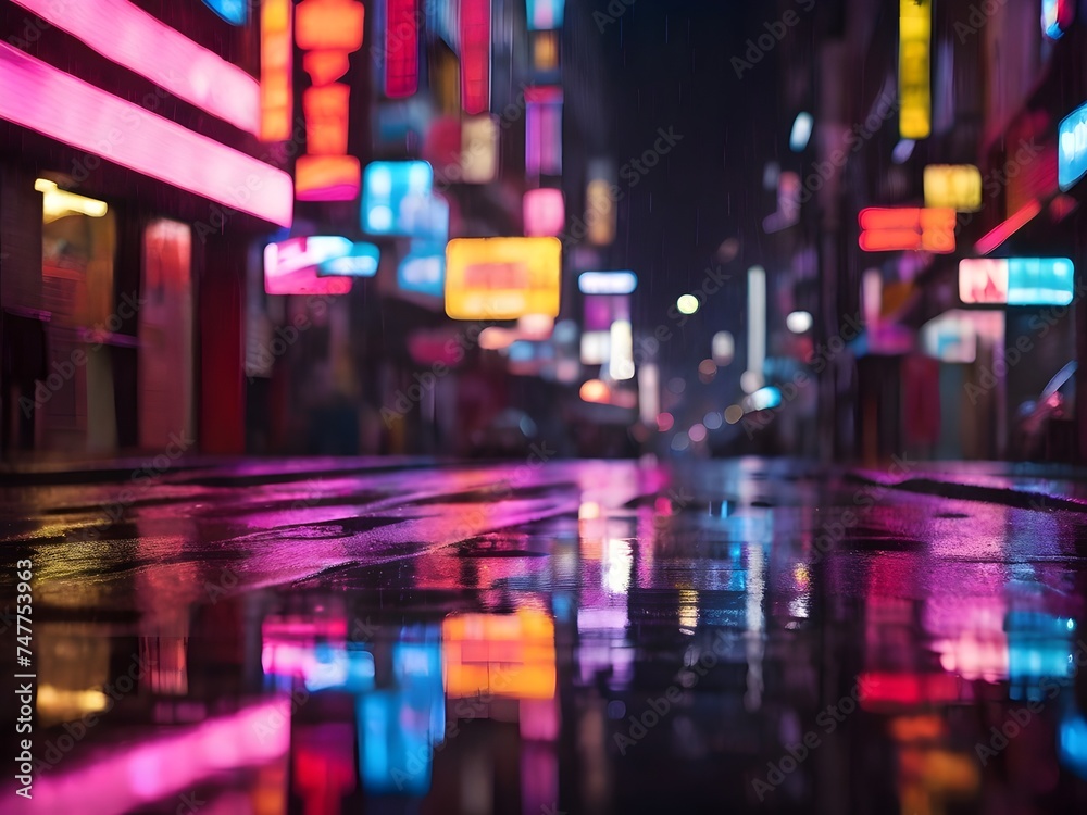 Bright neon signs reflecting on a rain-soaked street at night, creating a kaleidoscope of colors against the darkness Generative AI