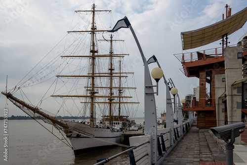 Sail training ship of the Ecuadorian Navy  BAE Guayas  BE-21 . This ship is located at Malec  n 2000  a vibrant riverfront boardwalk and revitalized urban space