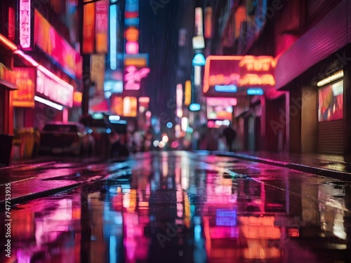 Bright neon signs reflecting on a rain-soaked street at night, creating a kaleidoscope of colors against the darkness Generative AI © Haroon