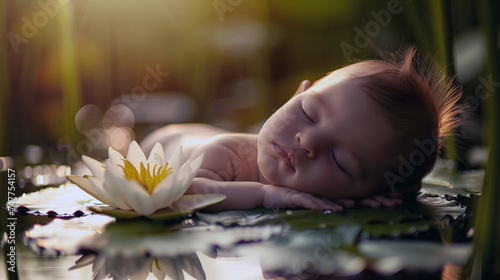 baby sleep in lotus flowers leaves 