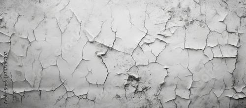 A black and white photo showing peeling paint on an old wall, revealing cracks and textures in the white plaster. The decayed appearance adds character to the grungy wall.