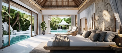 A spacious bedroom in a pool villa featuring a large bed with rose decorations, high raised ceilings, and a stunning pool for added luxury and comfort. © Vusal