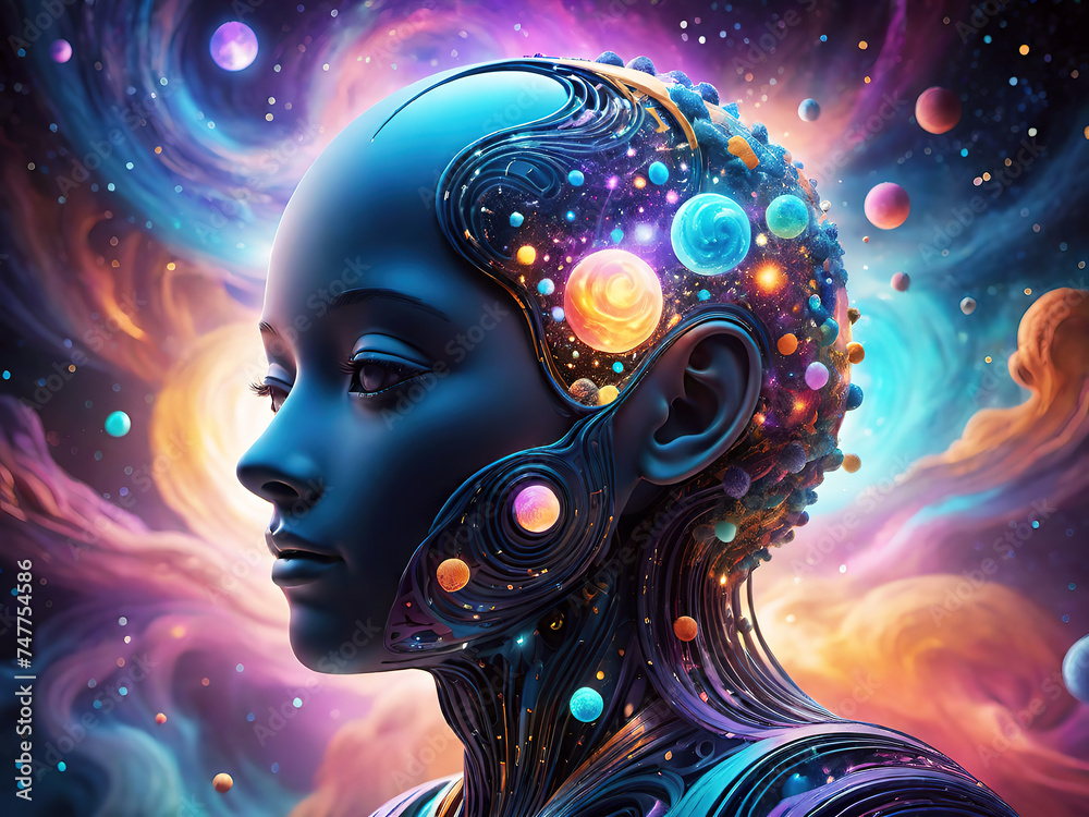 Cyborg woman in space with planets and stars background
