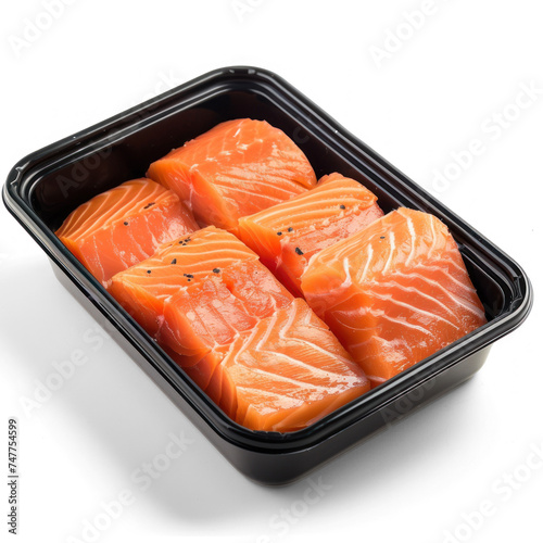 slice cooked salmon in black plastic container on transparency background PNG 