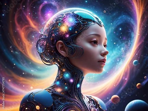 Cyborg woman in space with planets and stars background