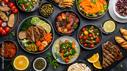 Plates with variety food on the celebration table