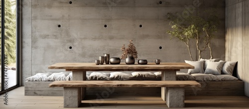 A wooden table is positioned next to a wooden bench, creating a simple and functional outdoor seating area. The table and bench appear weathered but sturdy, adding a rustic charm to the scene.