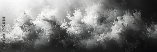 AI illustration of White curve fog, smoke, clouds, fire and dark, A black and white photo capturing smoke in motion