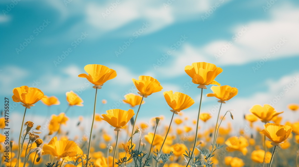 Yellow poppy flower field with blue sky and white clouds background. Spring background. Closeup. Generative AI