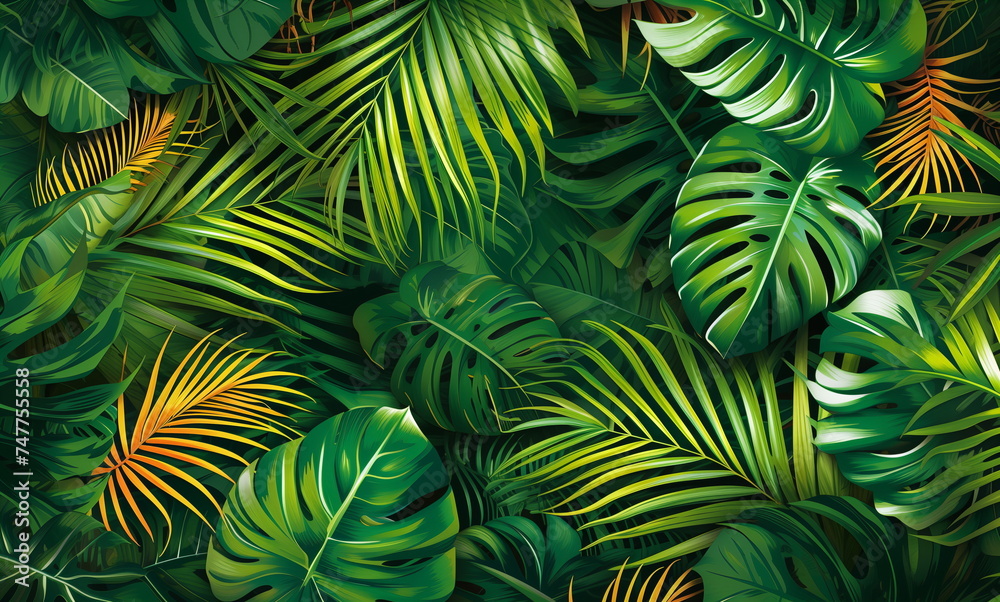 Green tropical leaves pattern background. Monstera and palm leaf illustration background. Generative AI