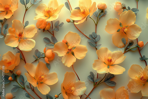 an orange natural flowers and stem pattern on a white swiggy background