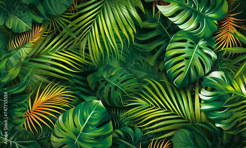 Green tropical leaves pattern background. Monstera and palm leaf illustration background. Generative AI