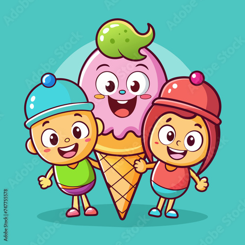 A mascot logo showcasing a lively ice cream cone family, with each cone representing a different flavor, happily gathered together in a joyful scene