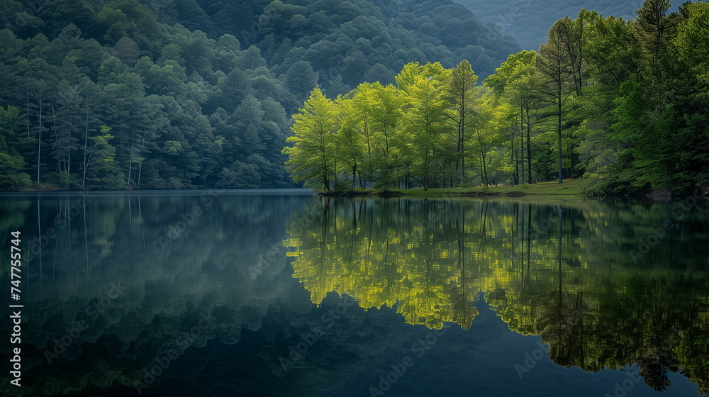 Quiet forest and trees reflected in the lake or river. Generative AI Quiet forest and trees reflected in the lake or river. Generative AI
