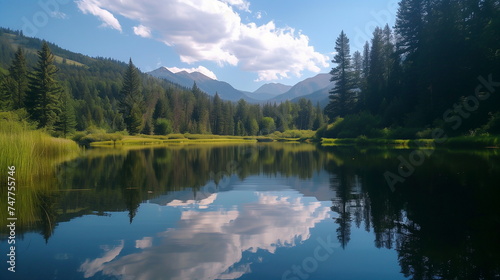 The reflection of a blue sky and clouds on the calm surface of a tranquil lake, with mountains and a forest of trees. Generative AI
