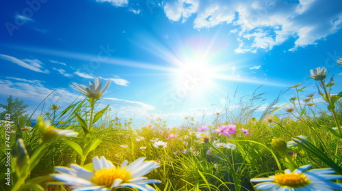 Blue sky, flower field under strong sunlight. Hot summer or spring background. Generative AI