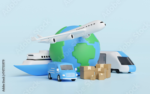Worldwide shipping concept with globe, airplane, van, boat, goods box isolated on blue background. 3d render illustration
