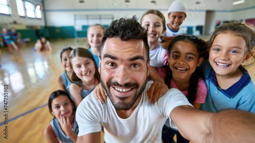 Happy PE teacher and school kids taking selfie during exercise class photo