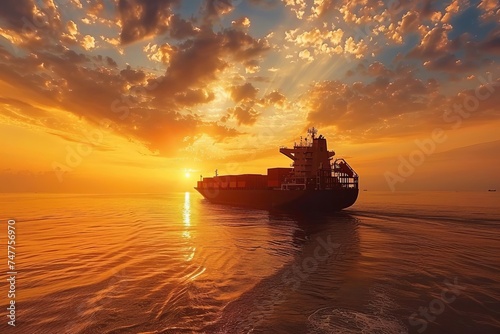 Cargo ship at sea transporting containers under a golden sunset Embodying global trade and maritime logistics.