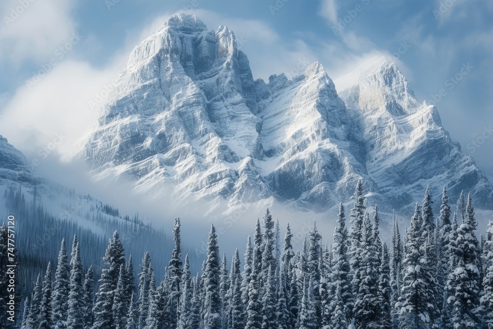 Temperate Boreal forest, taiga, winter ,snow forest on the mountain ...