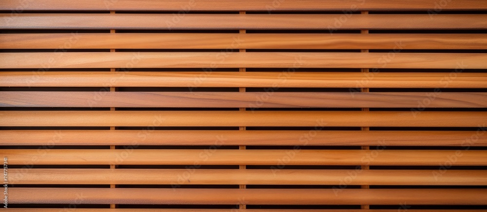 A detailed view of a wooden slatted surface, showcasing the texture and pattern of the wood. The slats are arranged closely together, creating a uniform and structured appearance. A detailed view of a wooden slatted surface, showcasing the texture and pattern of the wood. The slats are arranged closely together, creating a uniform and structured appearance.