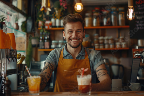 Happy waitor serving drinks while working in cafe photo