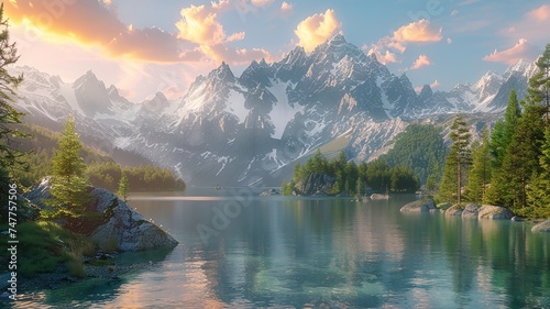 Tranquil dawn at a mountain lake reflecting snowy peaks and serene forest