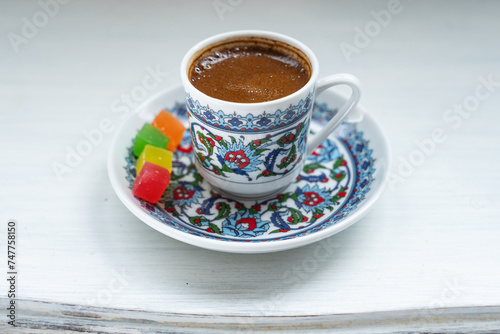 Turkish Coffee (Turk Kahvesi) and Colorful Turkish Delights Photo, Uskudar Istanbul, Turkiye (Turkey)