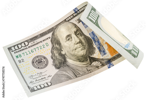 100 dollars banknotes falling in the air isolated on white, Flying 100 American dollars banknotes isolated on white background PNG file.