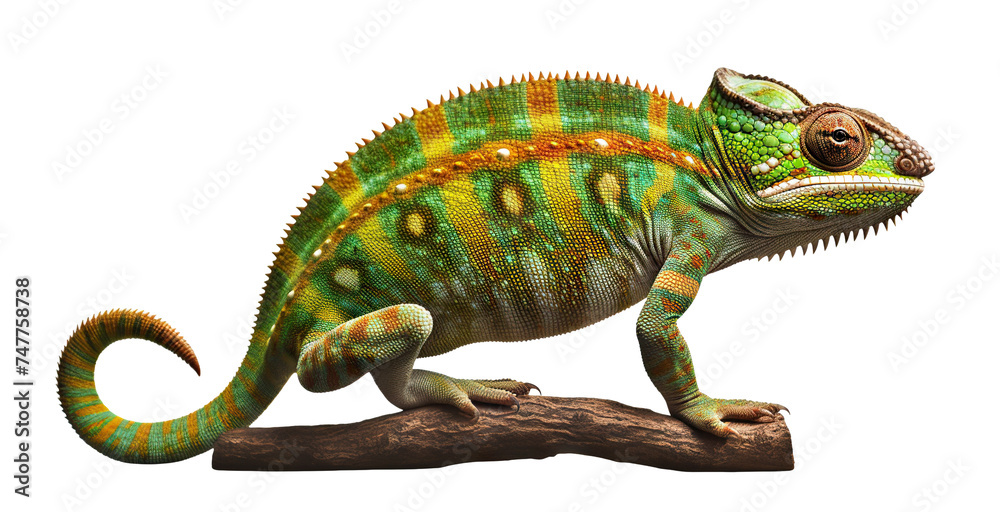 Obraz premium Vibrant green chameleon perched on a branch, cut out