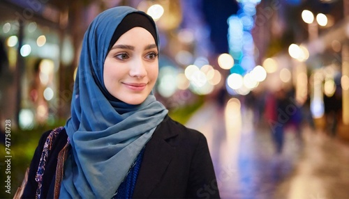 Portrait of young muslim woman with hijab in the city at night