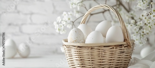 A bamboo basket is filled with beautiful white Easter eggs, resting on top of a table against a serene white background.