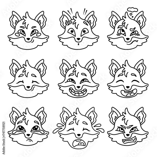 Set of cartoon fox emoticons. Line art, editable stroke. Vector illustration.