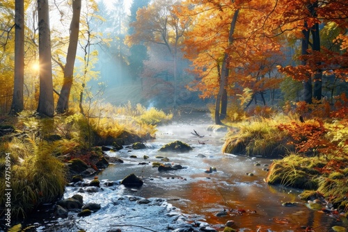 temperate deciduous forest, Autumn forest orange red are rivers stream and pine carpet oak beech maple tree willow mysterious colorful leaves trees nature change seasons landscape Top view background