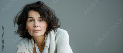 A middle-aged woman with black hair wearing a white shirt and a jacket draped off one shoulder. She is looking to the side in a thoughtful manner, providing open space for text or copy. photo