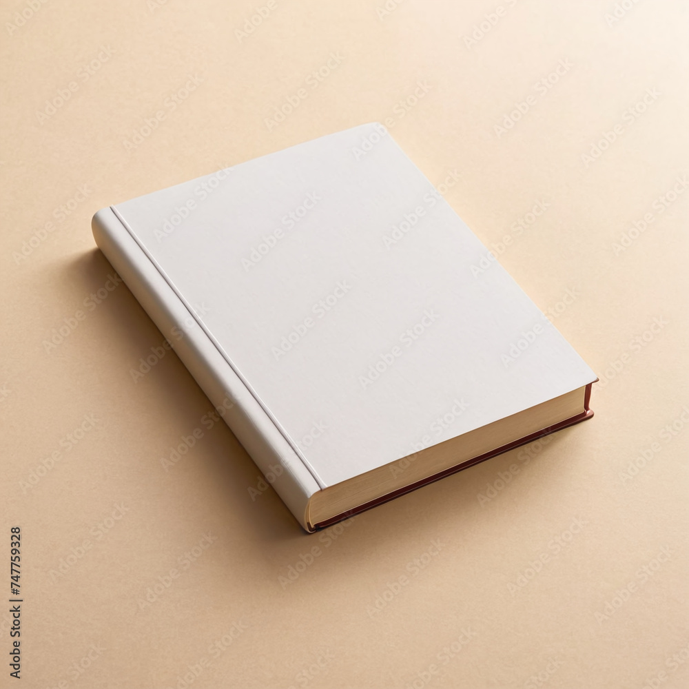 Fototapeta premium A closed hardcover book with a blank white cover rests on a neutral beige background, inviting imagination and creativity.