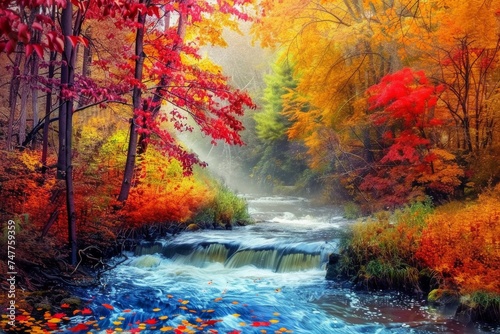temperate deciduous forest, Autumn forest orange red are rivers stream and pine carpet oak beech maple tree willow mysterious colorful leaves trees nature change seasons landscape Top view background © Sittipol 