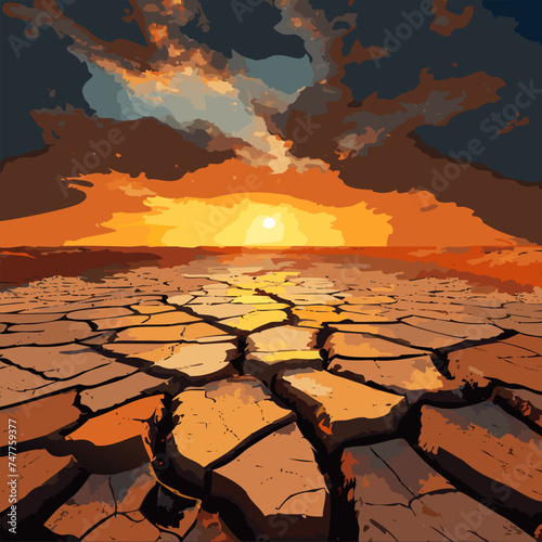 Dramatic sunset over cracked earth. Desert landscape background