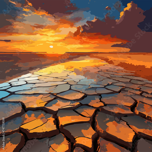 Dramatic sunset over cracked earth. Desert landscape background