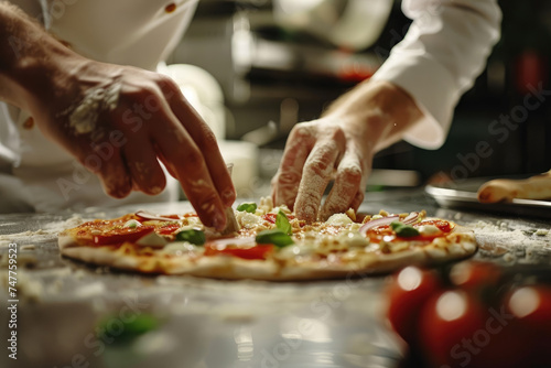 Pizza chef finishing the preparation of a pizza in a restaurant kitchen