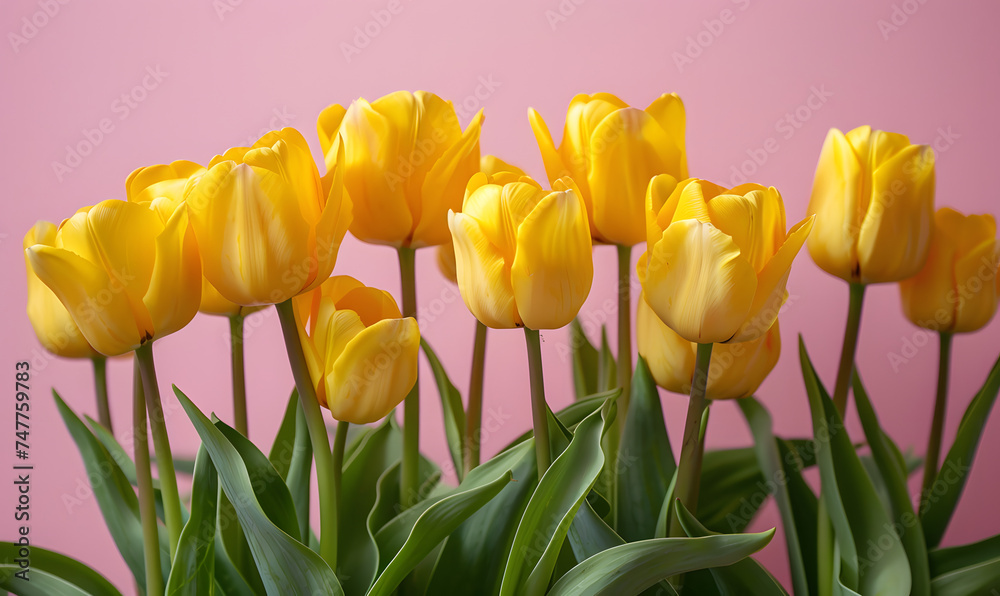 Fresh yellow tulips on pastel menthe light pink background.Generative AI Fresh yellow tulips on pastel menthe light pink background.Generative AI
